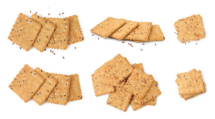 Delicious crackers with flax and sesame seeds isolated on white, set