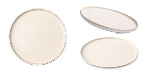 Beige ceramic plate isolated on white, set with different views