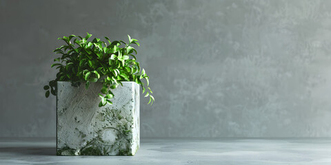 A succulent green plant pot is positioned on a gray stone background providing room.