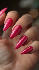 Glossy Pink Stiletto Nails Closeup