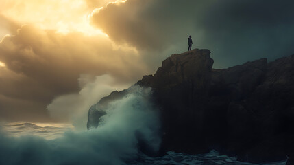 Determinação à Beira Mar uma figura solitária enfrentando a tempestade à espera da luz dourada da esperança - obrazy, fototapety, plakaty