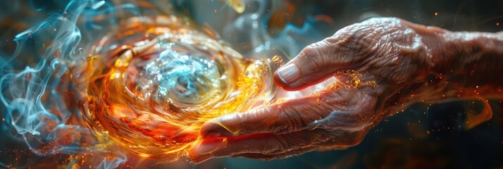 A hand tightly grips a ball of fire and water in a striking contrast of elements. - obrazy, fototapety, plakaty