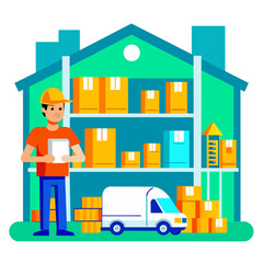 Work In Ware House Illustration, storage and industrial equipment, Logistics And Delivery