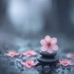 Serene zen stones with pink blossoms