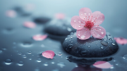 Obraz na płótnie Canvas Serene cherry blossom on water stones for spa wallpaper