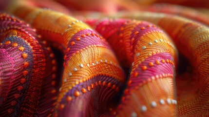 Detailed view of a bright and colorful piece of cloth, showcasing intricate patterns and textures up close. - obrazy, fototapety, plakaty