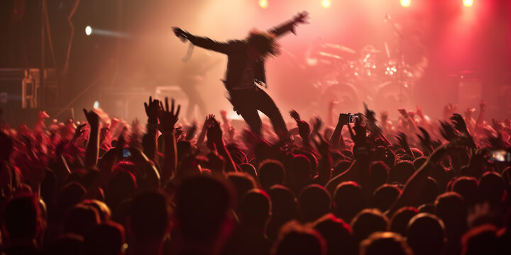 Cheering crowds, millions of fans, hands up, A rock star, a popstar, a celebrity, at the top. Live performance, stadium tour.