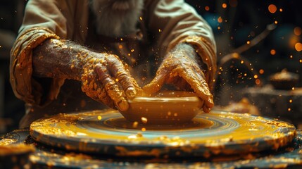 A man is shaping a bowl out of clay with his hands in a workshop setting.