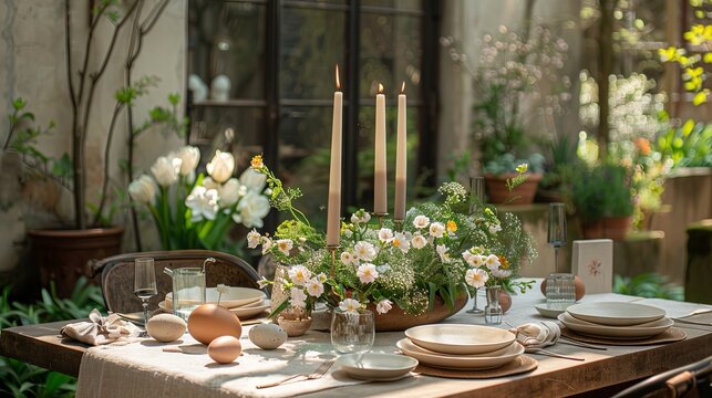 An elegant Easter brunch table set in a garden, complete with Easter candles, spring flowers, and chocolate eggs