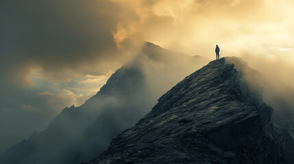 Triunfo no Pico Silhueta Contra o Pôr do Sol Promessa de Novos Começos