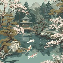 Koi fish and cherry blossom tree on the watercolor old paper texture background Japanese style
