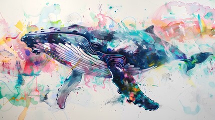 Humpback whale with colorful watercolor paint splashes. 3d rendering