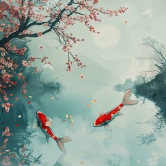 Koi fish and cherry blossom tree on the watercolor old paper texture background Japanese style