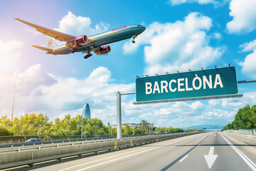 Plane landing in Barcelona, Spain with "BARCELONA" road sign in frame	
