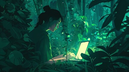 Fototapeta premium Side view of female hands typing on laptop keyboard with green plant tropical leaves and bokeh light background