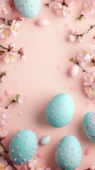 Fototapeta na wymiar Colorful easter eggs and spring flowers on pastel pink background