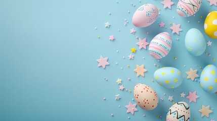 Fototapeta na wymiar Easter background with colorful eggs, stars and confetti on blue background