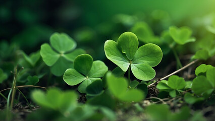 Green background with three-leaved shamrocks. St. Patrick's day holiday symbol. Shallow DOF. Selective focus.AI Generated