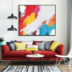 Modern bright interiors 3D rendering illustration with mockup poster frame
