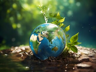 Obraz na płótnie Canvas Saving water and world environmental protection concept. Eearth, globe, ecology, nature, planet concepts