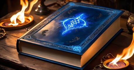 A magical book rests on a dark shelf, a vibrant blue essence spiraling upwards, creating a contrast with the ambient candle flames. Its ancient bindings suggest a trove of knowledge from bygone eras.