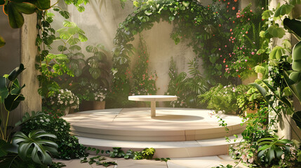 Podium for product presentation. Beauty podium surrounded by lush greenery, set against a backdrop of a dreamy. Romantic 3d scene