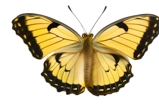 Yellow butterfly with black spots on a transparent background