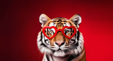 Tiger in red heart shape glasses on a red background. Valentines Day concept.