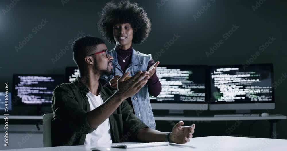 Leinwandbilder Programming, virtual screen and people coding server software, cloud computing system or online script for app development. Conversation, database developer and night coder working late on IT project