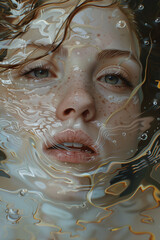 Submerged Beauty: Close-Up Portrait of Woman Under Water with Air Bubbles