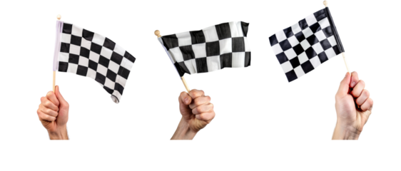 Hand holding racing flag over isolated transparent background