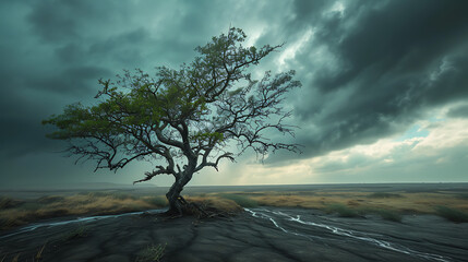 Resiliência a árvore solitária desafiando a tempestade resistindo ao vento e à chuva com firmeza - obrazy, fototapety, plakaty
