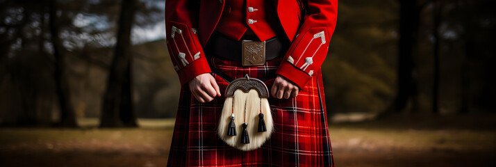 Fototapeta na wymiar Scottish Highlands Regalia: A Vivid Display of Traditional Great British Clothing amid Historic Cobblestone Streets