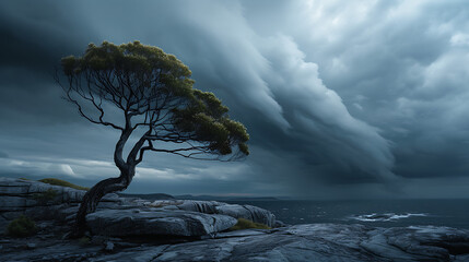 Resiliência e força Árvore solitária desafia a tempestade em um penhasco rochoso contra um céu sombrio e dramático - obrazy, fototapety, plakaty
