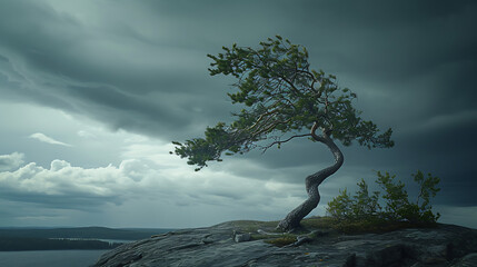 Resiliência e força Árvore solitária desafia a tempestade em um penhasco rochoso contra um céu sombrio e dramático - obrazy, fototapety, plakaty