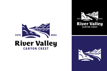 River valley canyon crest logo with stunning view perfect for travel brochures, website backgrounds, nature-themed designs, and outdoor advertisements. - obrazy, fototapety, plakaty