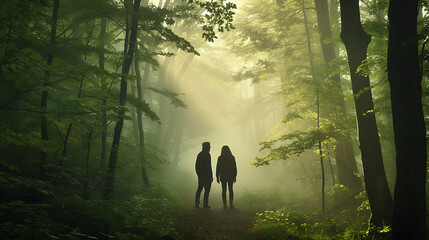 Dois personagens em meio à serenidade de uma floresta nebulosa envoltos pela luz solar filtrada exibem vulnerabilidade e força - obrazy, fototapety, plakaty