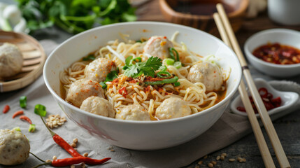 Indonesian Chicken Noodles. Chicken noodles in white bowl and wooden chopsticks on natural background with chicken pieces, chicken feet, green mustard, meatballs, boiled dumplings, sauce. 