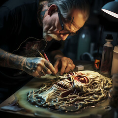 A close-up of a tattoo artist at work.