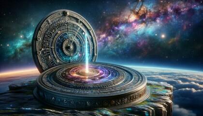 Ancient Astronomical Device on Mountain Top in Cosmic Space - obrazy, fototapety, plakaty