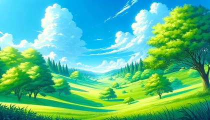 Fotobehang 新緑の草原と青空  © ratesuke