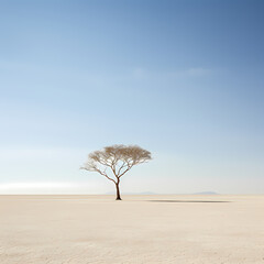 Fototapeta na wymiar A minimalist composition of a single tree in a vast desert landscape.