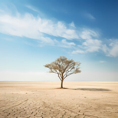 A minimalist composition of a single tree in a vast desert landscape.