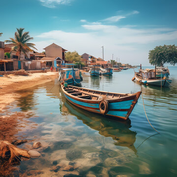 A serene coastal village with traditional fishing boats.