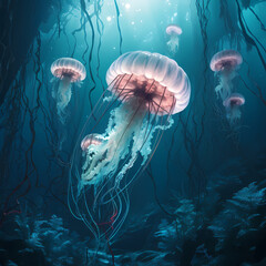 A surreal underwater scene with floating jellyfish