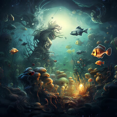 Fototapeta na wymiar A surreal underwater scene with mermaids and sea creatures