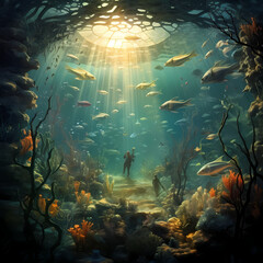 Fototapeta na wymiar A surreal underwater scene with mermaids and sea creatures