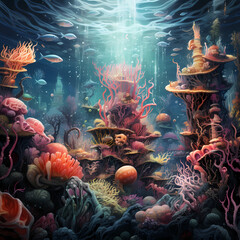 A surreal underwater world with fantastical sea creatures