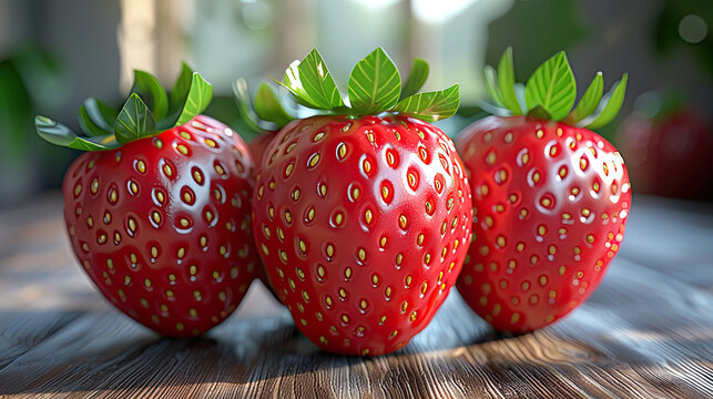 3d render strawberries on wooden table