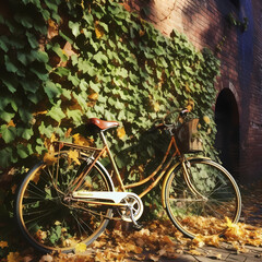A vintage bicycle leaning against a brick wall covered in ivy.